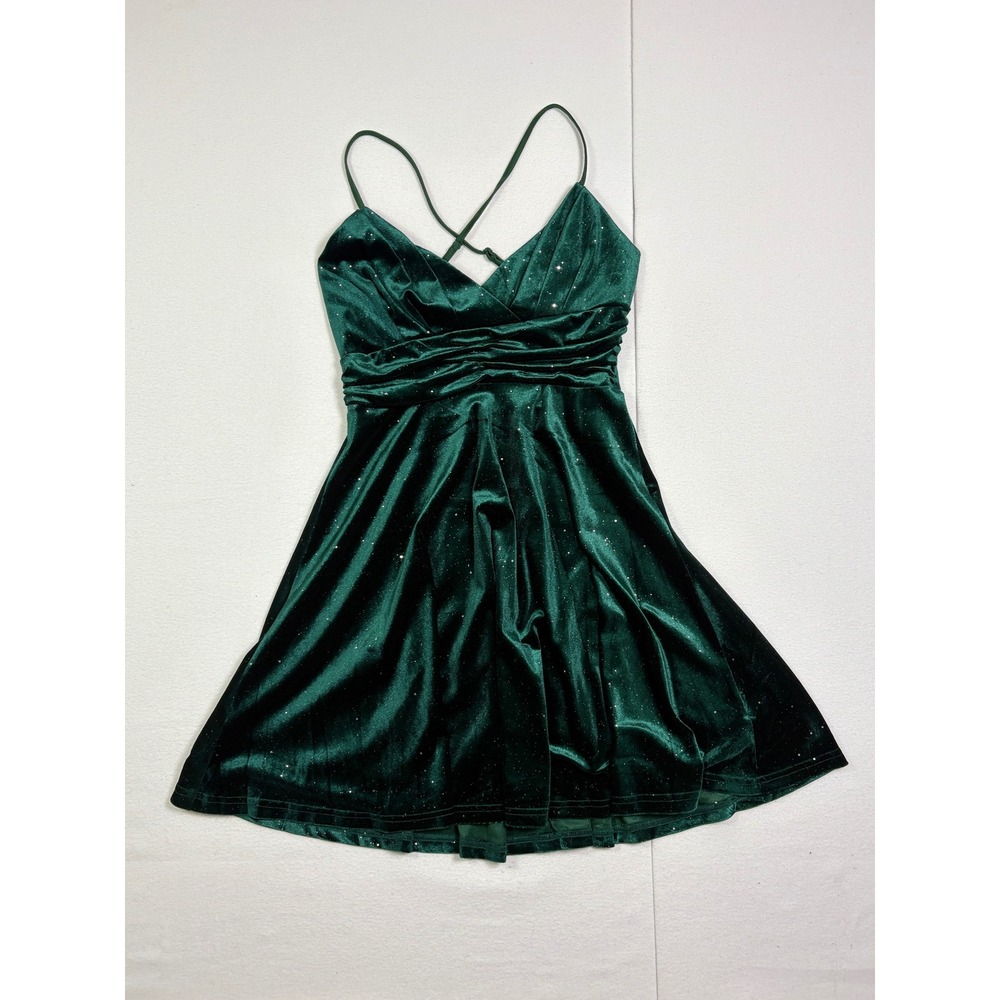 D&M Womens Emerald Green Glitter Velvet Ruched Mini Dress Cross Back Size M